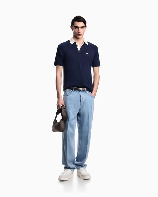 Emporio Armani Blue Plain-Knit Lyocell-Blend Jumper With Polo Shirt Collar for men