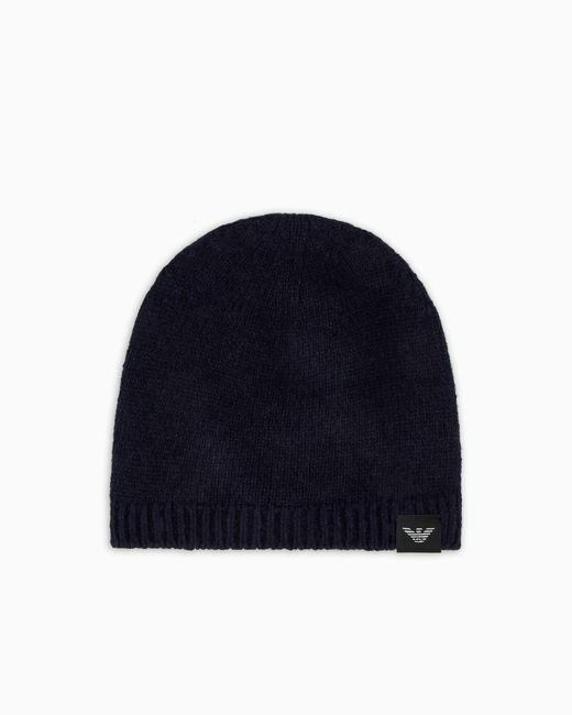 Emporio Armani Blue Pure Cashmere, Ribbed Beanie for men