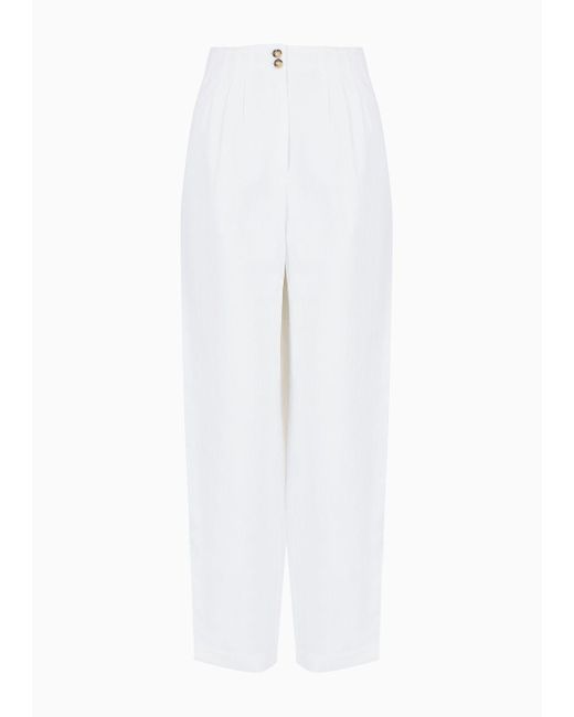 Emporio Armani White High-waist Oval-leg Darted Trousers In Linen-blend Shantung
