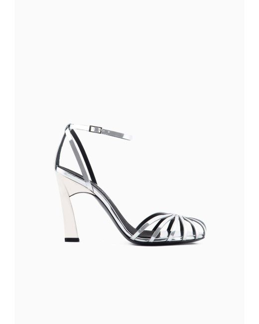 Emporio Armani White Mirror Lamé Leather Sandals With High Heel