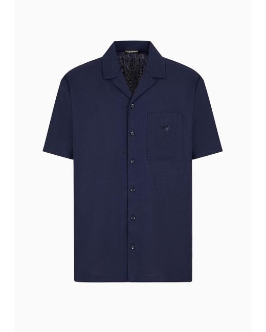 Camicia Beachwear A Maniche Corte In Misto Lino di Emporio Armani in Blue da Uomo