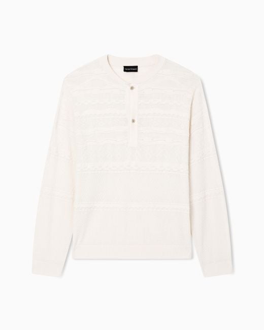 Emporio Armani White Lyocell-Blend, Henley Neckline Jumper for men