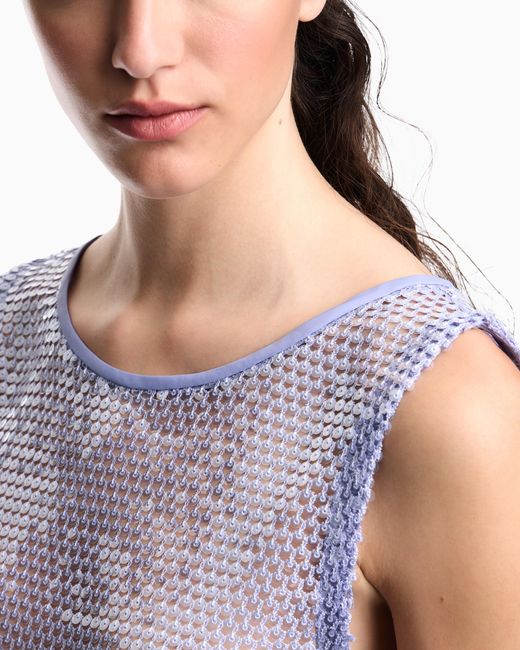 Emporio Armani Purple Mesh Crochet Top With All-Over Sequins