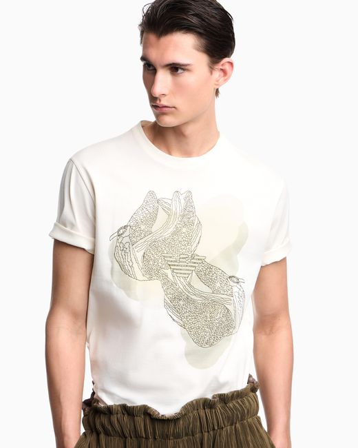 Emporio Armani White Jersey T-Shirt With Embroidery And Print for men