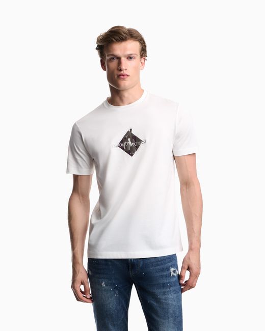 Emporio Armani White Jersey T-Shirt With Embroidered Logo And Flock Print for men