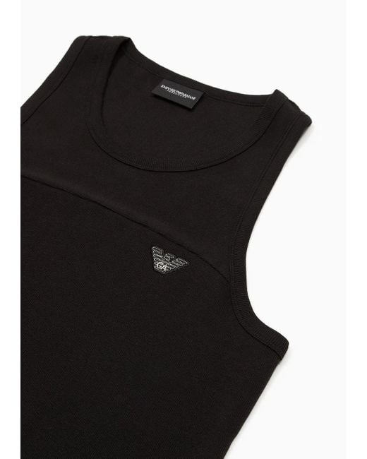Emporio Armani Black Ribbed Cotton Loungewear Tank Top With Micro Eagle Patch for men