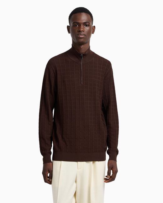 Pull Col Roulé Avec Fermeture Zippée En Maille À Point Carreau Asv Emporio Armani pour homme en coloris Brown