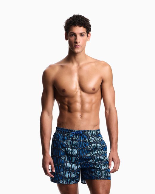 Emporio Armani Blue Swim Shorts With All-Over Logo for men