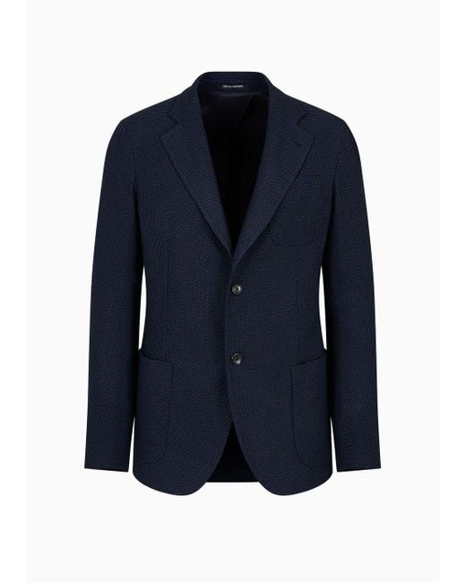 Emporio Armani Blue Modern-fit Single-breasted Jacket In A Virgin-wool-blend Mouliné Chevron Weave for men