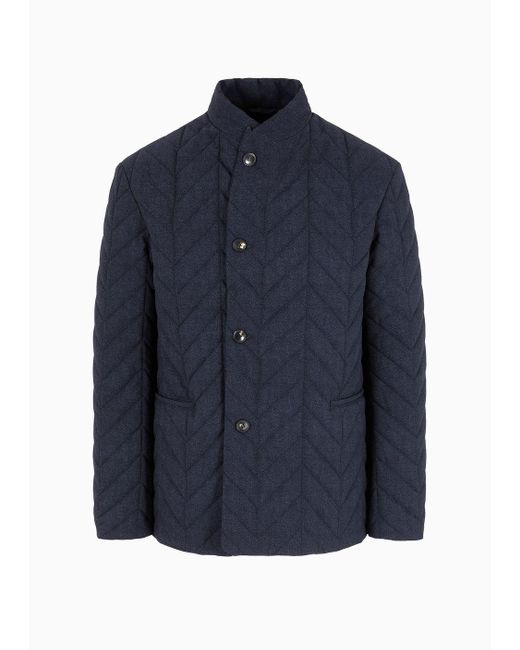 Emporio Armani Blue Seersucker Jacket With Print And Chevron Quilting for men