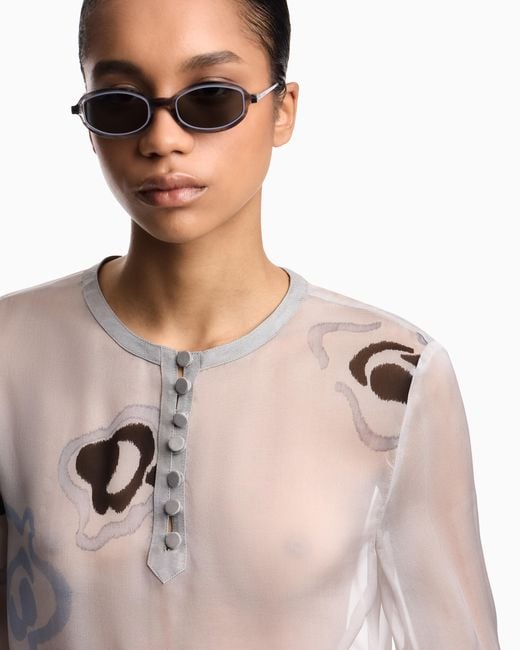 Emporio Armani Gray Silk Chiffon Blouse With Watercolour-Effect Floral Print