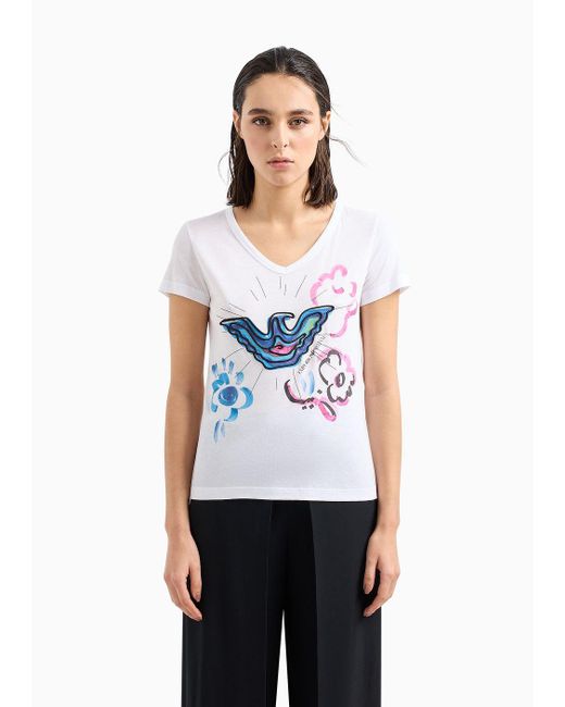 Emporio Armani White V-neck T-shirt In Soft Modal-blend Jersey With Eagle Embroidery And Print