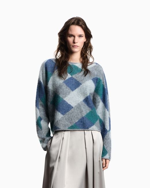 Emporio Armani Blue Pullover Mit U–Boot-Ausschnitt Aus Einer Woll-Mohair-Mischung Mit Allover-Muster
