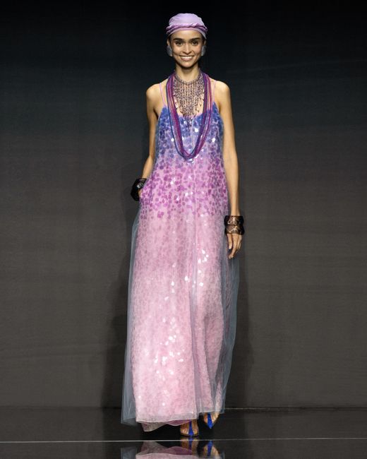 Emporio Armani Purple Silk Organza Dress With Gradient Shade Motif And All-Over Bead And Sequin Embroidery