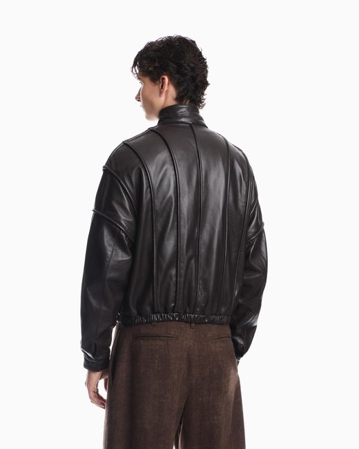 Emporio Armani Brown Cropped Nappa Leather Blouson Jacket With A Stand Collar for men