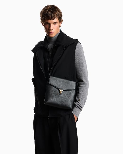 Emporio Armani Black Icon Pebbled Leather Flat Shoulder Bag for men
