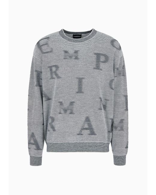 Emporio Armani Gray Two-tone Micro-striped Virgin-wool Jumper With All-over Lettering for men