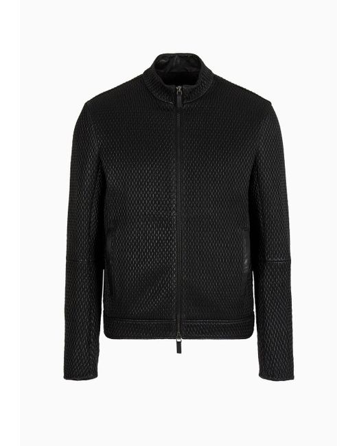 Emporio Armani Black Lambskin Nappa Leather Full-zip Blouson With Seersucker-effect Stretch Embroidery for men