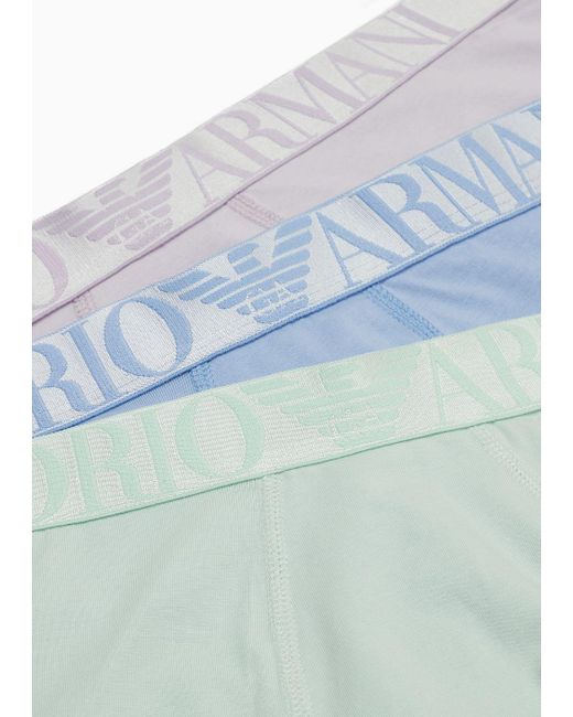 Emporio Armani Blue Three-pack Of Asv Shiny Logo Waistband Organic-cotton Boxer Briefs for men