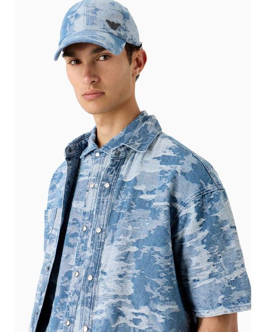 Emporio Armani Blue Comfortable, Short-sleeved Shirt In Jacquard Camouflage Denim for men