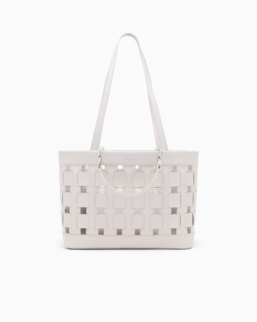 Emporio Armani White Tote Bag With Woven Design Double Handles And Pouch