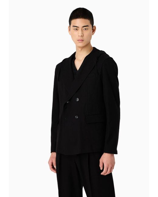 Emporio Armani Black Double-breasted Jacket With Hood In Jacquard Jersey for men