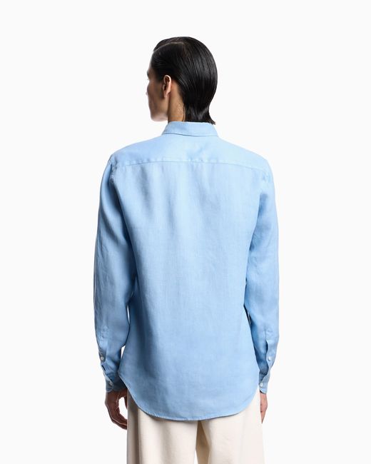 Emporio Armani Blue Garment-Dyed Linen Shirt With French Collar for men