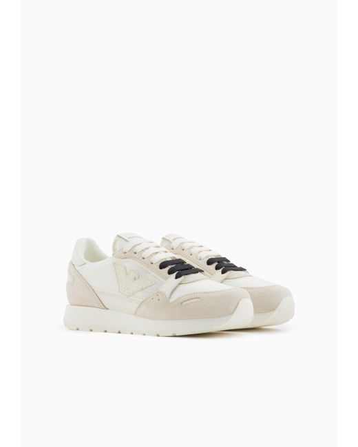Emporio Armani White Mesh Sneakers With Suede Details And Eagle Patch