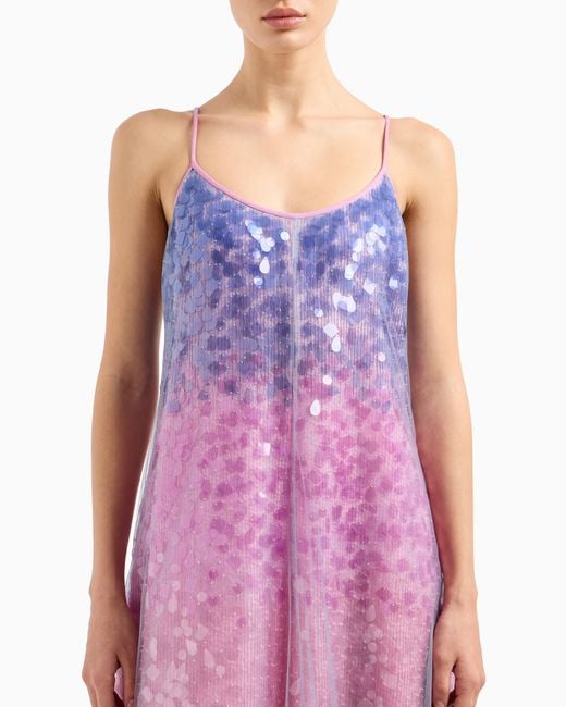 Emporio Armani Purple Silk Organza Dress With Gradient Shade Motif And All-Over Bead And Sequin Embroidery