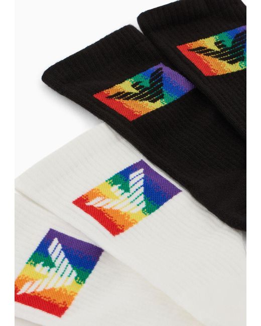 Emporio Armani 2er-pack Socken Aus Frottee Mit Sporty-regenbogen-logo in Black für Herren