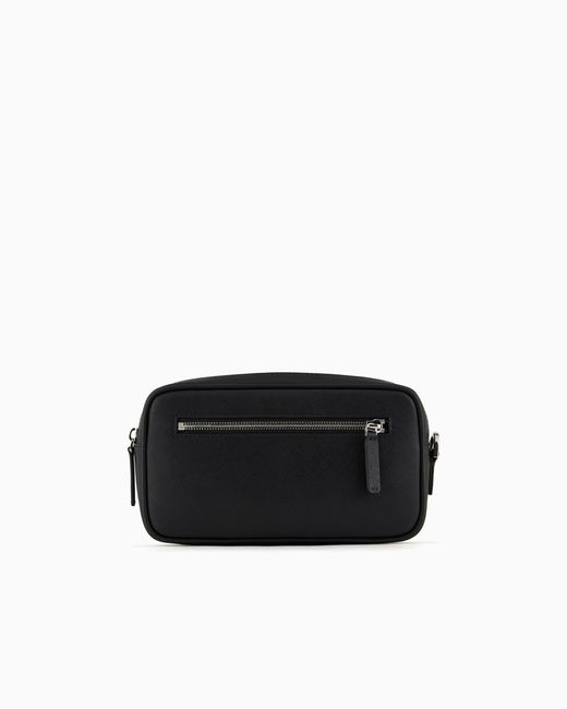 Emporio Armani Black Regenerated Saffiano Leather Washbag With Eagle Plate for men