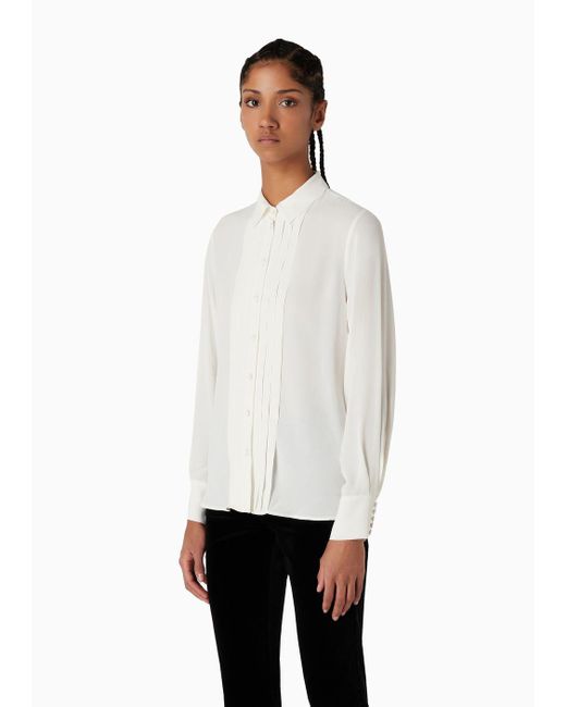 Emporio Armani White Crêpe Shirt With Pleats And Bow