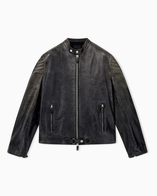 Emporio Armani Gray Shiny Leather Blouson With Quilted Shoulders And A Zip for men