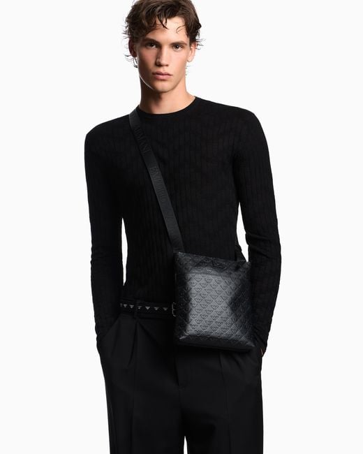 Emporio Armani Black Flat Leather Shoulder Bag With All-Over Embossed Eagle for men