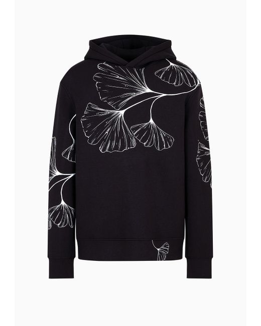 Emporio Armani Black Hooded Sweatshirt In Scuba Fabric With All-over Nature Print for men
