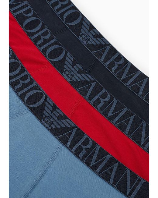 Emporio Armani Blue Three-pack Of Asv Shiny Logo Waistband Organic-cotton Boxer Briefs for men