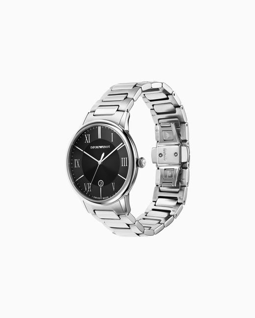 Emporio Armani Black Swiss Made Three-Hand Date Stainless Steel Watch for men