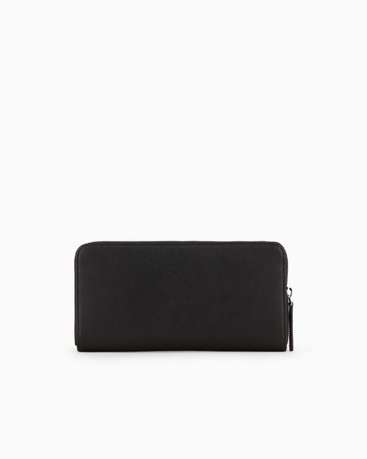 Emporio Armani Black Regenerated Saffiano Leather Zip-Around Wallet With Eagle Plate for men