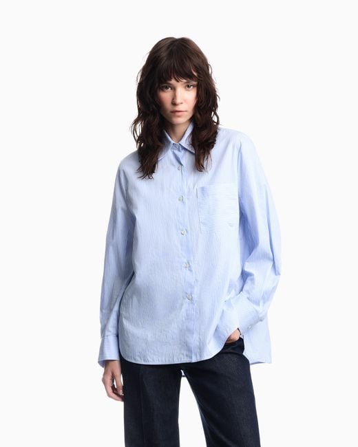 Emporio Armani Blue Striped Cotton Poplin Shirt With A Single Chest Pocket