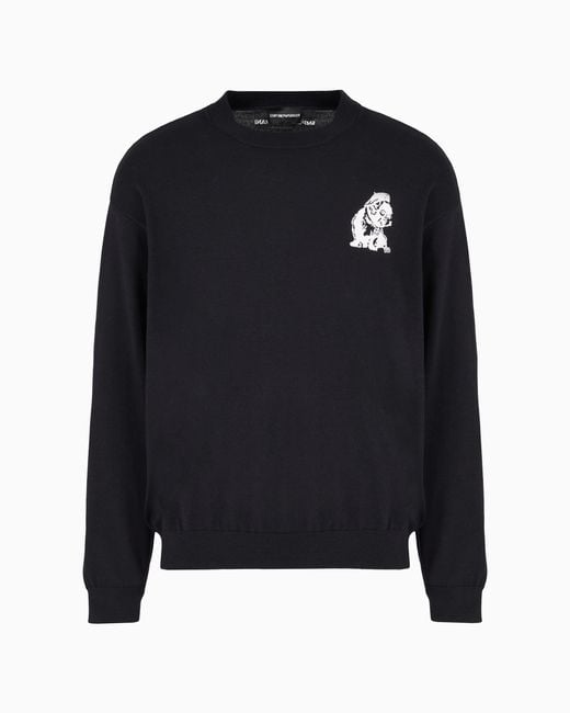 Emporio Armani Blue Plain-Knit Virgin-Wool Jumper With French Bulldog Embroidery for men