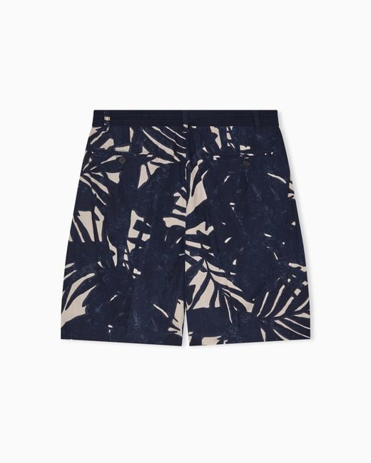 Emporio Armani Blue Linen-Blend Bermuda Shorts With All-Over Pattern for men
