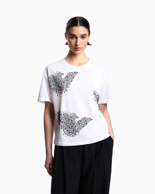 Emporio Armani White Jersey T-Shirt With Rhinestone Eagle