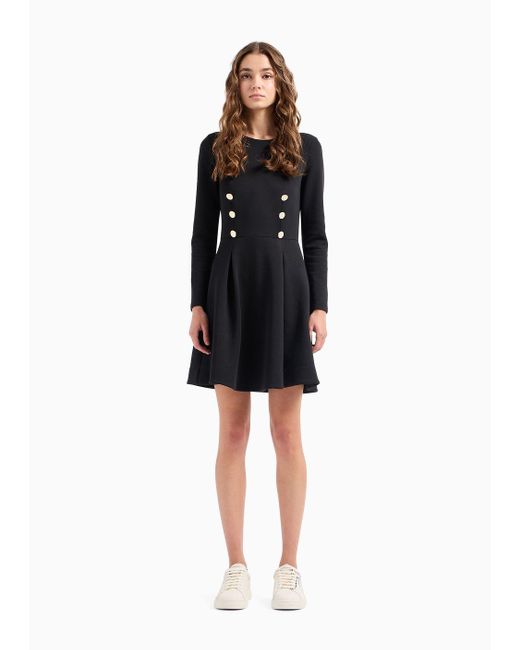 Emporio Armani Black Double-jersey Pleated, Flared Dress With Golden Buttons