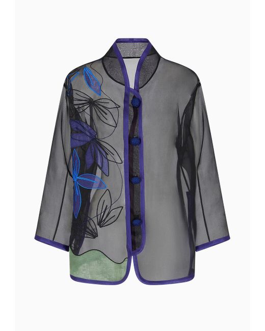 Emporio Armani Blue Pure Silk Organza Shirt Jacket With Floral Embroidery