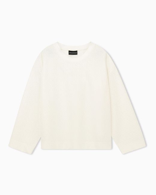 Emporio Armani White Crew Neck Cotton Jacquard Jumper With A Chevron Pattern