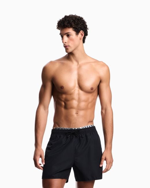 Emporio Armani Blue Swim Shorts With Logo Waistband for men