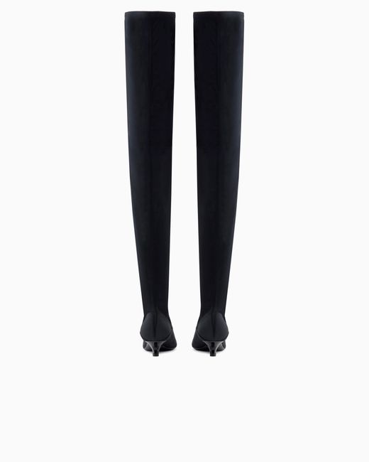 Emporio Armani White Stretch-Satin Thigh-High Boots With A Kitten Heel