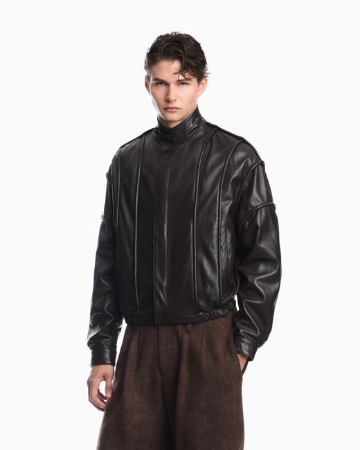 Emporio Armani Brown Cropped Nappa Leather Blouson Jacket With A Stand Collar for men