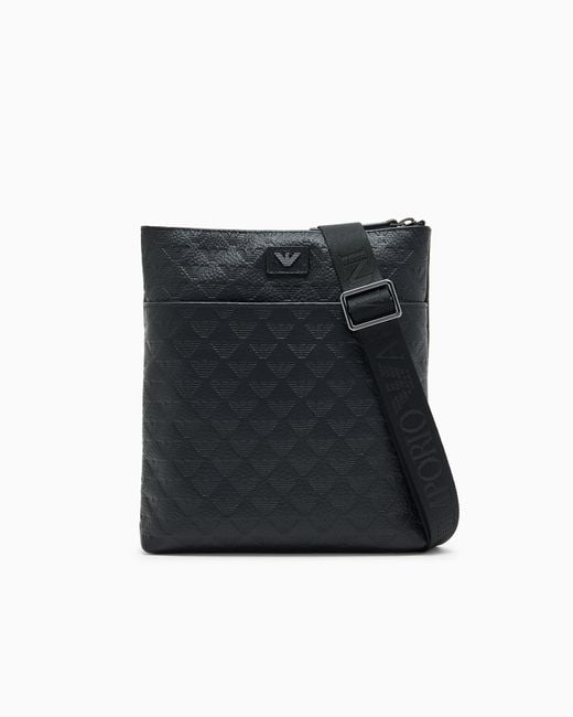 Emporio Armani Black Flat Leather Shoulder Bag With All-Over Embossed Eagle for men