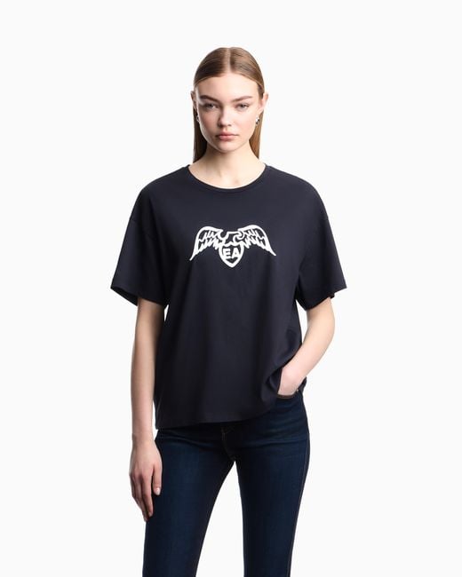 Emporio Armani Blue Pima T-Shirt With Maxi Eagle Logo And Short Sleeves